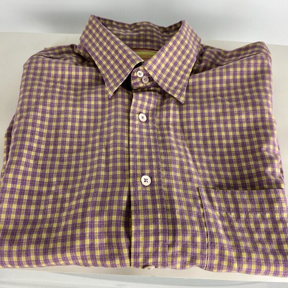 Bugatchi Uomo Long sleeve Purple Yellow Checked Button Up Bright Stripes Large - Picture 5 of 10